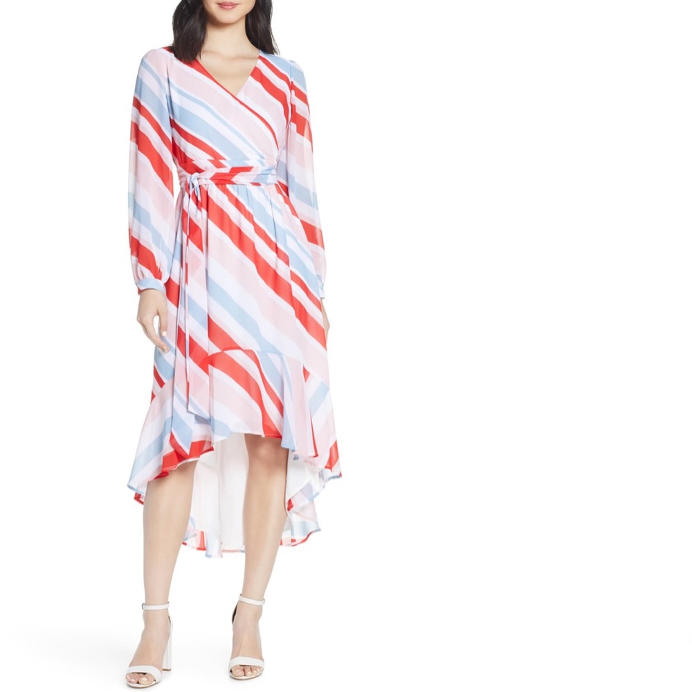 Chelsea28 Striped Long Sleeve High Low Mock Wrap Midi Dress